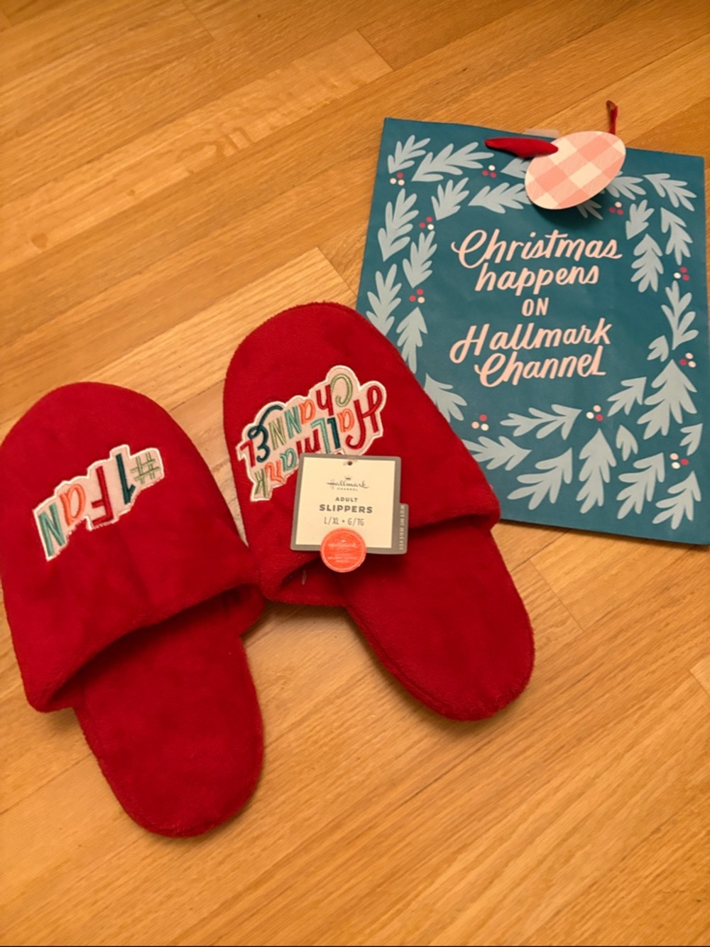Hallmark Red Holiday 'Christmas Channel' Embroidered Slippers and gift bag